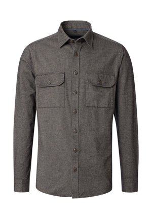 Long-sleeve button-up shirt with two buttoned chest pockets, gray textured fabric, and a classic collar.