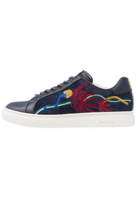 Navy leather and suede sneaker with multi-colored floral embroidery, round toe, and white rubber sole. Features contrasting laces and branding.
