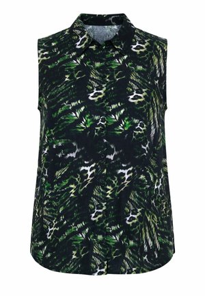 Mouwloze blouse met kraag en knoopsluiting aan de voorkant, met een groen, zwart en wit abstract dierenprint.