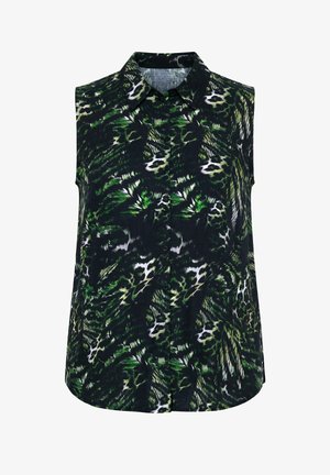 Ærmeløs bluse med krave og knaplukning foran, med et grønt, sort og hvidt abstrakt dyrprint.