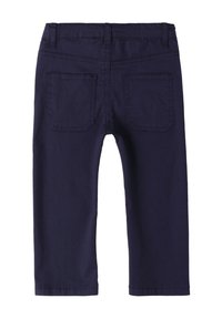 Navy katoen capri broek met een tailleband, riemlussen, achterzakken en rechte pijpen met een gladde textuur.