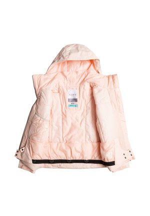 Helle rosa Steppjacke mit Kapuze, ausgestattet mit einem gesteppten Design, schwarzen Akzenten und einem Etikett mit der Aufschrift "ROXY". Das Innenfutter ist glatt und gefüttert.