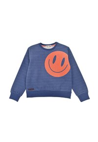 Blauer Sweatshirt mit strukturierter Oberfläche, ausgestattet mit einem großen orangenen Smiley-Gesicht Design auf der Vorderseite sowie gerippten Bündchen und Saum.