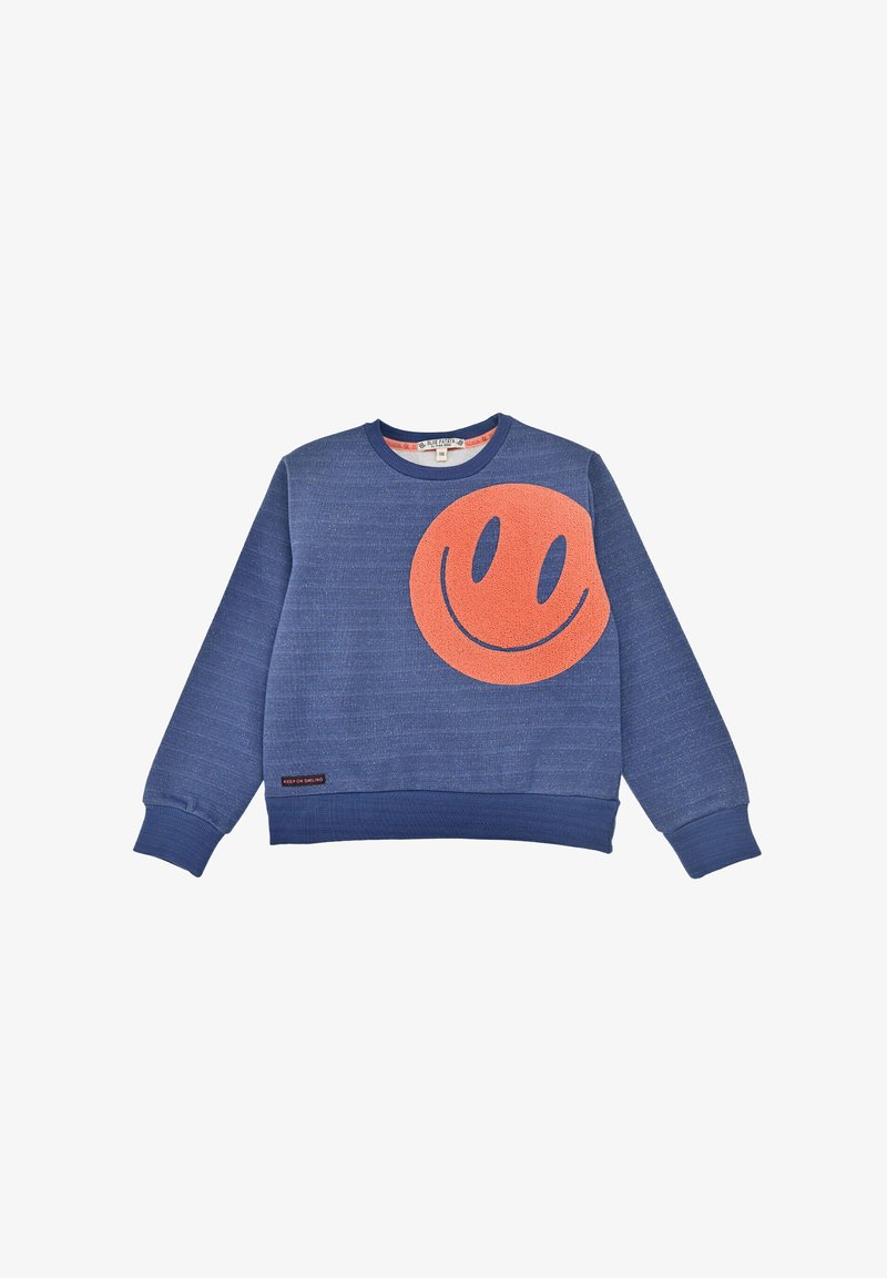 Blauer Sweatshirt mit strukturierter Oberfläche, ausgestattet mit einem großen orangenen Smiley-Gesicht Design auf der Vorderseite sowie gerippten Bündchen und Saum.