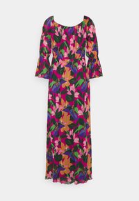 Vestido maxi con mangas abullonadas hasta el codo, cintura elástica y estampado floral colorido en rosa, verde, amarillo y púrpura sobre fondo fucsia.