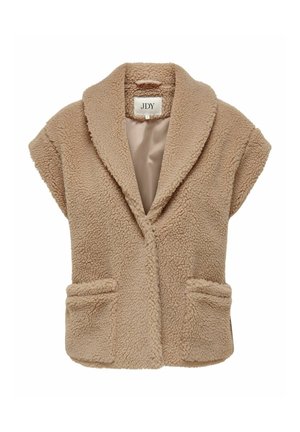 Beige faux shearling vest med en sjalkrave, korte ærmer og to frontlommer. Glat indvendig foering for komfort.