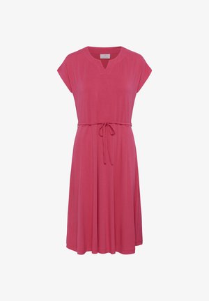 Roze jurk met korte mouwen, een V-hals en een rijgriem in de taille. Gemaakt van zachte stof, heeft het een losse pasvorm en een uitlopende rok.
