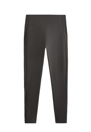 Leggings atletice negre cu o textură netedă, talie înaltă și o ușoară detaliere fantezistă pe lateral. Concepute pentru confort și flexibilitate.
