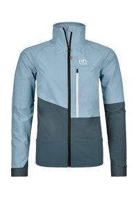Light blue and dark gray jacket with a high collar, zippered pockets, and contrasting panel design. Made of durable, weather-resistant fabric.