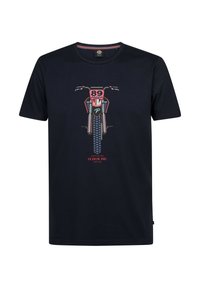T-shirt in cotone blu navy con un design grafico di una motocicletta con il numero "89" in accenti rosa, bianchi e turchesi.