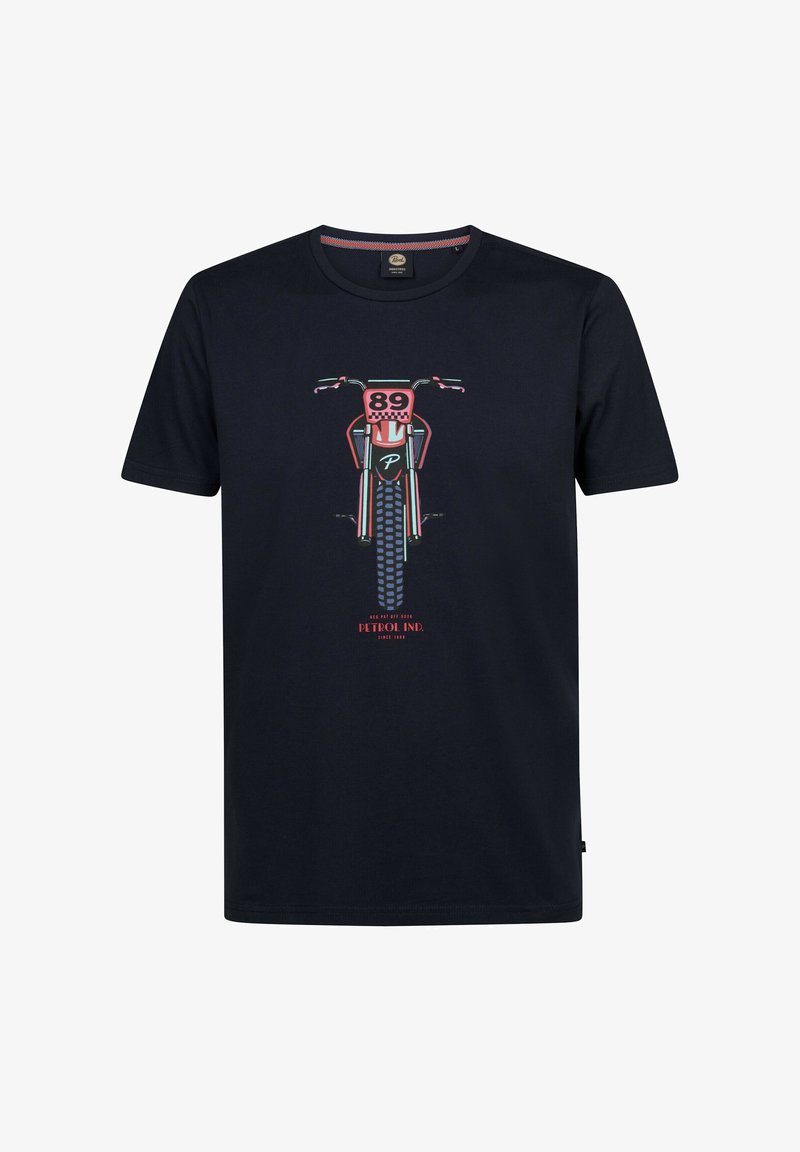 Tmavomodré bavlněné tričko s grafickým designem motocyklu a číslem "89" v růžových, bílých a tyrkysových akcenty.