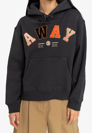 Black hooded sweatshirt with colorful "AWAY" embroidery on the front, featuring a kangaroo pocket and ribbed cuffs and hem.