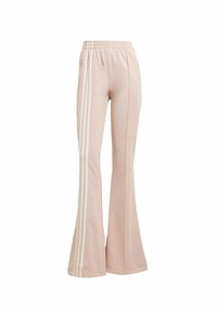 Vaaleanpunaiset leveälahkeiset collegehousut, joiden sivuilla on valkoiset raidoitetut yksityiskohdat, joustava vyötärö ja sivutaskut. Pehmeä kankaan tekstuuri.