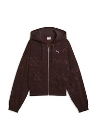 Sweat à capuche zippé marron foncé avec motifs imprimés subtils, cordons de serrage, poches avant et petit logo Puma blanc sur la poitrine.