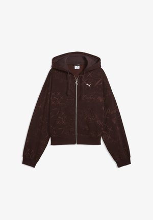 Mörkbrun zip-up-hoodie med subtila tryckta mönster, dragsko, framfickor och en liten vit Puma-logotyp på bröstet.