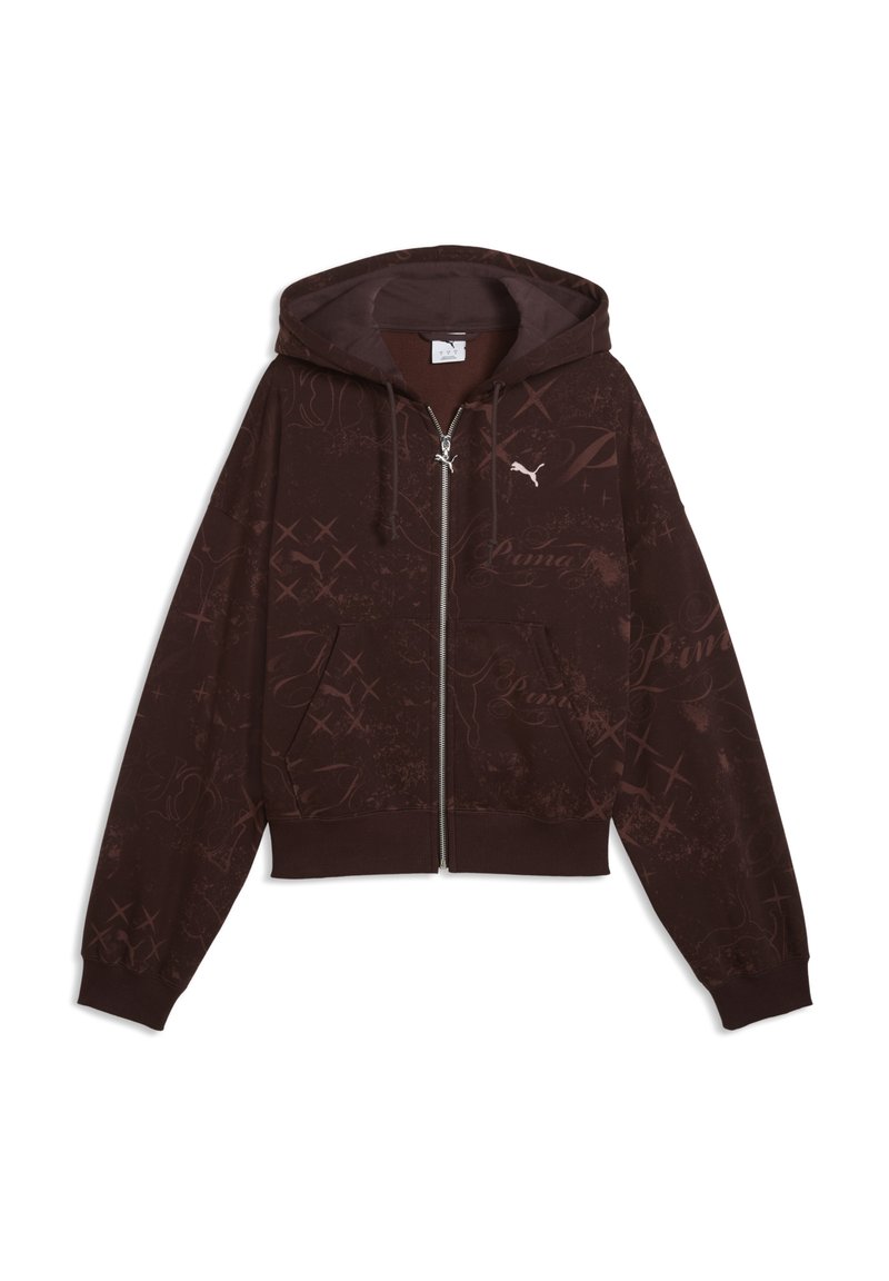 Sweat à capuche zippé marron foncé avec motifs imprimés subtils, cordons de serrage, poches avant et petit logo Puma blanc sur la poitrine.