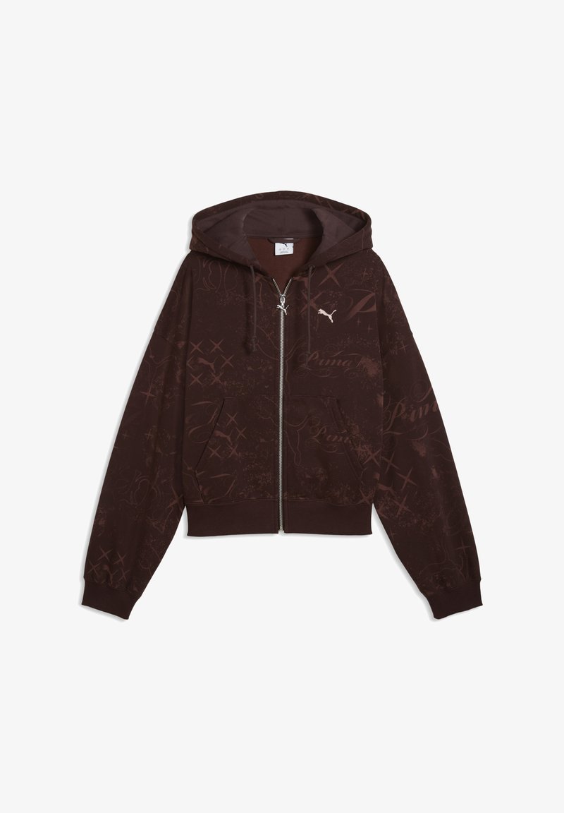 Sweat à capuche zippé marron foncé avec motifs imprimés subtils, cordons de serrage, poches avant et petit logo Puma blanc sur la poitrine.
