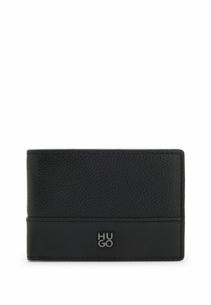 Black leather wallet with textured surface, smooth bottom section, and embossed "HUGO" logo. Slim rectangular shape for cards and cash.