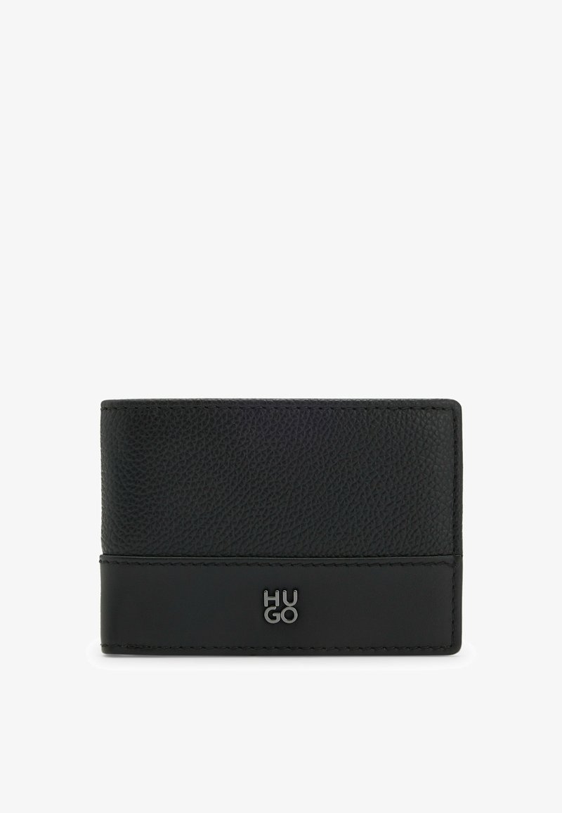 Black leather wallet with textured surface, smooth bottom section, and embossed "HUGO" logo. Slim rectangular shape for cards and cash.