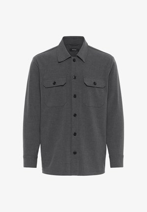 Dunkelgraues Langarmhemd mit Knopfleiste, zwei Brusttaschen mit Klappen, schwarzen Knöpfen, Kragen und geradem Saum.