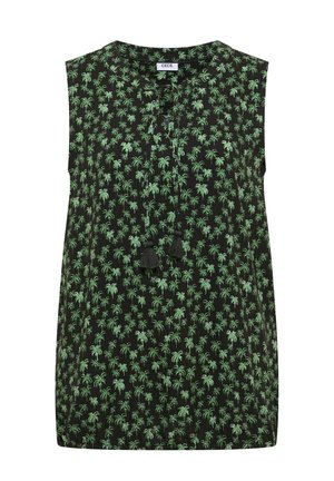 Robe noire sans manches avec motif de palmiers verts, encolure ronde et liens à l'avant se terminant par des pompons noirs.