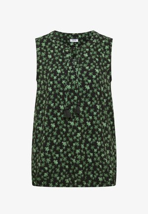 Robe noire sans manches avec motif de palmiers verts, encolure ronde et liens à l'avant se terminant par des pompons noirs.
