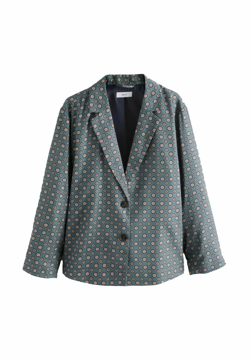 Geprinte blazer in groene stof, met een bloemenpatroon, gegolfde revers en knoopsluiting. Lange mouwen met een ontspannen fit.
