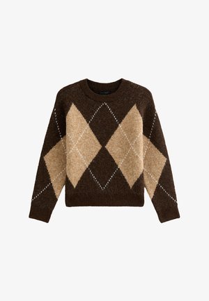 Maglione a rombi marrone e beige, realizzato in materiale morbido, presenta un collo tondo e maniche lunghe con dettagli bianchi.