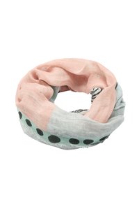 Lekki, okrągły szal w pastelowym różu, miętowej zieleni i szarości z czarnymi kropkami oraz fakturowanym wykończeniem. Posiada delikatny wzór.