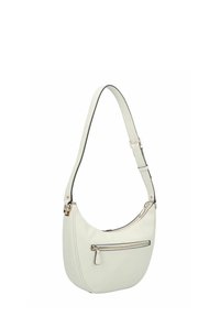Borsa a spalla in pelle bianca con finitura liscia, forma curva, tracolla regolabile e tasca frontale con zip e dettagli in metallo argentato.
