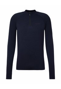 Marineblaues Langarmshirt mit einem Viertelreißverschluss am Kragen, strukturierten Schulterpartien und dem Markennamen "FALKE" in Rot auf der Brust.