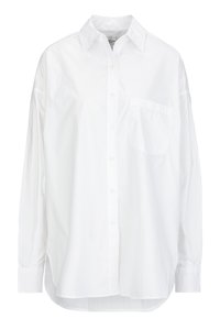 White long-sleeve button-up shirt made of cotton, featuring a classic collar, a single chest pocket, and a relaxed fit with a rounded hem.