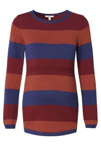 Svetr s dlouhým rukávem pletený s širokými vodorovnými pruhy v barvách bordó, spálené oranžové a modré, s kulatým výstřihem a žebrovanými manžetami.