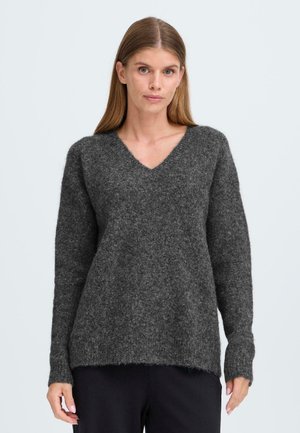 Grau, übergroßer Pullover aus weicher, strukturiertem Wolle mit V-Ausschnitt und langen Ärmeln. Verfügt über einen lockeren Schnitt und gerippte Bündchen.