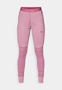 Rózsaszín csíkos leggings, egyszínű derékrésszel, a alsó felén textúrázott mintázattal és szűkítő mandzsettával. Finom logó részlet.