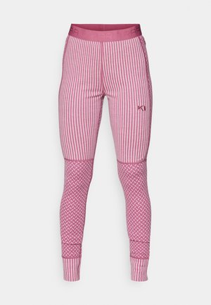 Leggings a righe rosa con una vita solida, caratterizzati da un design testurizzato nella parte inferiore e polsini aderenti. Dettaglio del logo discreto.