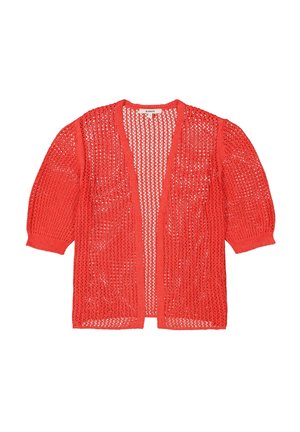 Rode gebreide cardigan met een open voorkant, korte puffmouwen en een lichtgewicht, doorschijnende textuur, met een losse, luchtige uitstraling.