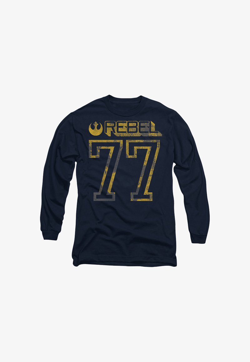 Navy blue long-sleeve shirt with worn gold print reading "REBEL" and number "77" below, featuring a star-shaped emblem on the top left.