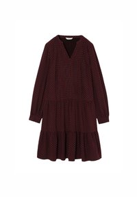 Robe bordeaux à manches longues, décolleté en V et jupe en couches, présentant un motif texturé avec des accents bleus et blancs. Tissu doux.