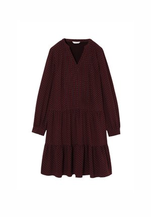 Bordeaux jurk met lange mouwen, V-hals en gelaagde rok, met een textuurpatroon in blauw en witte accenten. Zachte stof.
