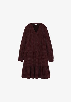 Bordeauxkjole med lange ærmer, V-udskæring og lagdelt nederdel, med et struktureret mønster i blå og hvide nuancer. Blødt stof.