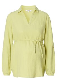 Blusa giallo chiaro, texture con colletto a punta, maniche lunghe e cintura in vita. Presenta bottoni decorativi sui polsini.