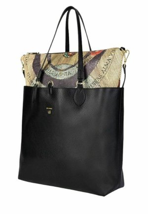 Black leather tote bag with a textured finish. The top features a multicolored patterned fabric, secure zipper, and two long handles.