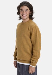 Gebreide trui in warme mosterdkleur, met ribbelboord aan de hals en mouwen, textuurstof en een relaxte pasvorm. Draag over een witte blouse.