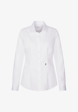 Weißes Langarmhemd in einem taillierten Design, mit einem spitzen Kragen und einem kleinen schwarzen gestickten Rosendetail auf der linken Seite.