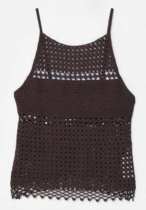 Καφέ πλεκτό τοπ με ημι-διαφανή υφή, διαθέτει στενές τιράντες, περίπλοκα ανοιχτά σχέδια και κεντητό τελείωμα.