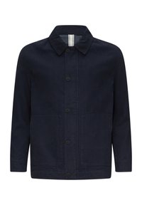 Granatowa, zapinana na guziki kurtka z kołnierzykiem, z dwoma przednimi kieszeniami i gładką strukturą, wykonana z trwałej tkaniny.