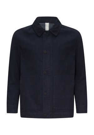 Marineblauwe, knoopsluiting-jack met kraag, twee voorkruiszakken en een soepele textuur, gemaakt van duurzaam materiaal.
