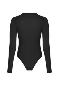 Zwarte longsleeve bodysuit van rekbare stof. Heeft een ronde halslijn en een string model aan de onderkant. Gladde textuur, aansluitend ontwerp.