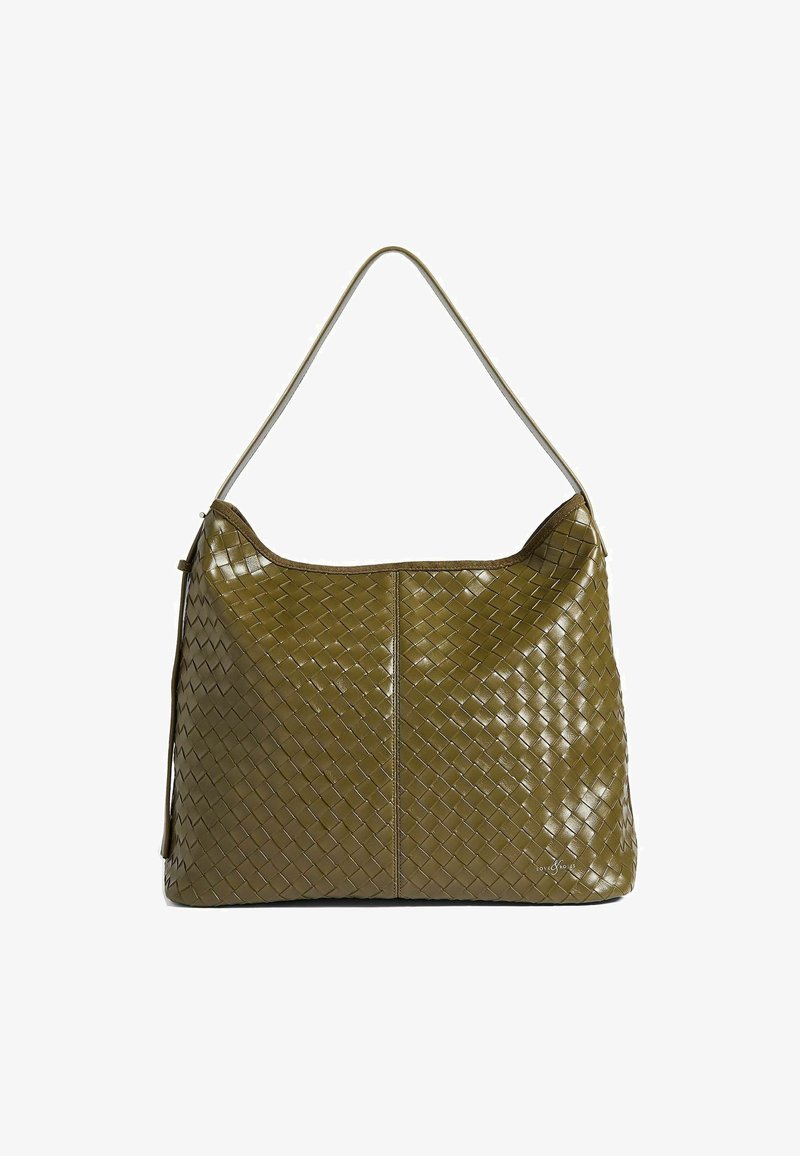 Olivově zelená tkaná kožená taška přes rameno s jedním popruhem a nenápadným logem značky v dolním pravém rohu.